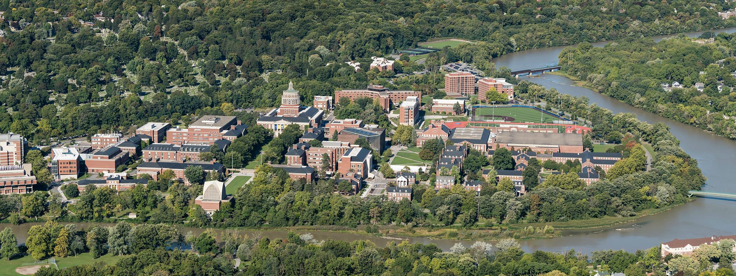 An aerial view of the University of Rochester River Campus.